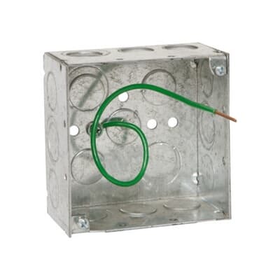Square Box, 30.3 Cubic Inches, 4 Inch Square x 2-1/8 Inch Deep, 1/2 Inch and 3/4 Inch Eccentric Knockouts, Galvanized Steel, Welded Construction, Ground Bump, For use with Conduit, pack of 25, for Retail
