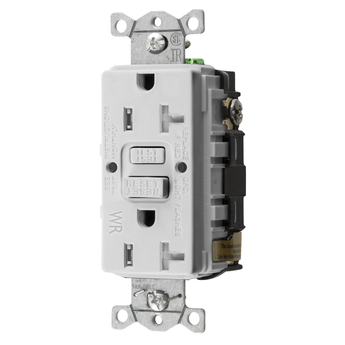 Straight Blade Devices, Receptacle, GFCI, Tamper and Weather Resistant, Commercial Grade, Self Test, 20A 125V, 2- Pole 3-Wire Grounding, 5-20R, White, ERPO Version.