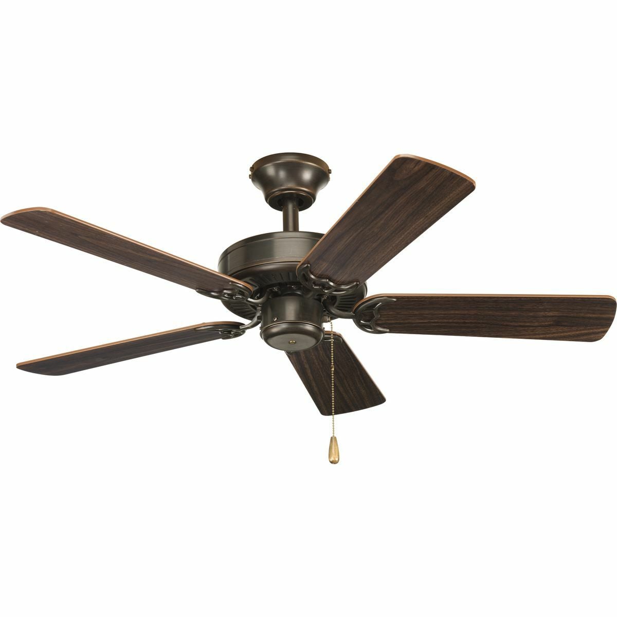 42 inch AirPro ceiling fan with 5 reversible Classic Walnut/Medium Cherry blades, Antique Bronze finish, and 15 year limited warranty. Integral pull chain is Antique Brass with medium oak fob. Powerful AirPro motor features 3-speed control that can also be reversed to provide year-round comfort. Includes convenient Quick-Install canopy system and can be installed on vaulted ceilings up to 4:12 pitch, additionally, the fan can be installed with no downrod to accommodate lower ceilings.