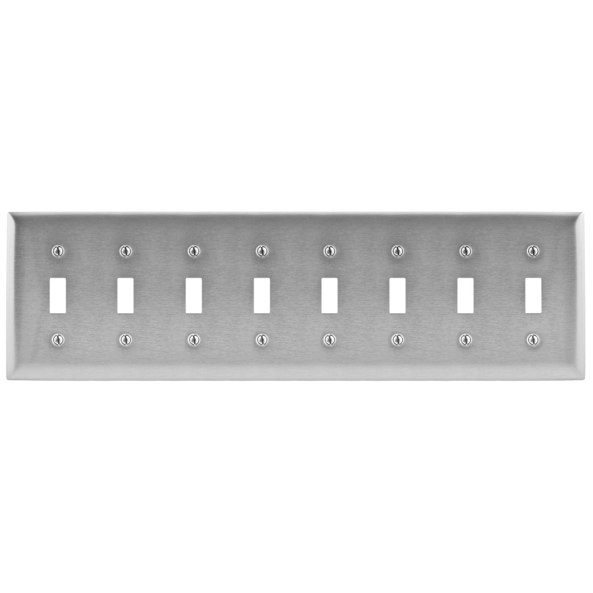 Wallplates and Boxes, Metallic Plates, 8- Gang, 8) Toggle Openings, Standard Size, Stainless Steel