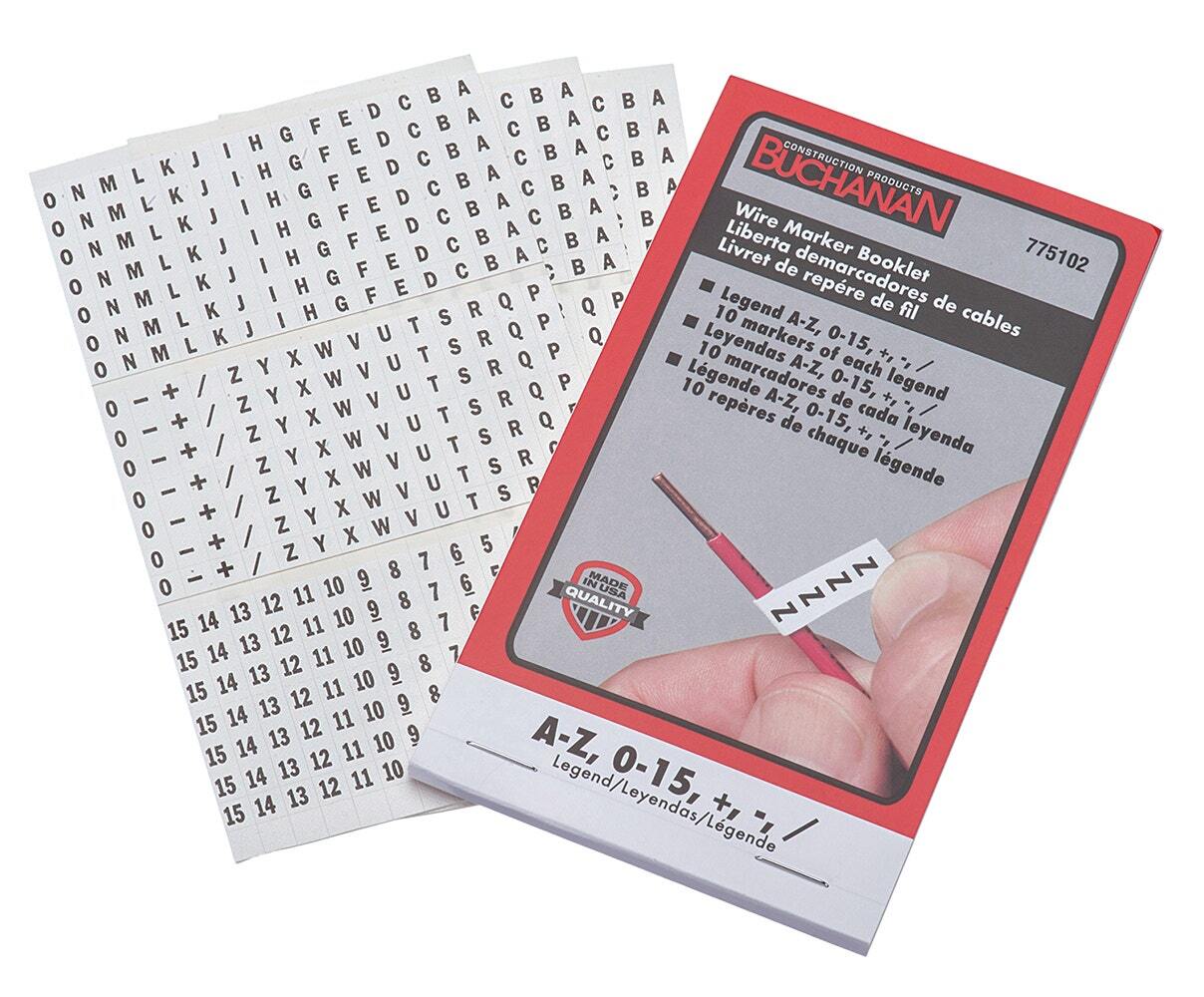 Buchanan, Wire Marker Booklet, Size: 1/4 X 1-1/2 IN Marker, Legend: A-Z, 0-15, +, -, /, Markers Per Page: 10, Number Of Pages: 10/Booklet, Legend Color: Non-Smear Black, Includes: 450 Wire Markers And 450 Terminal Markers