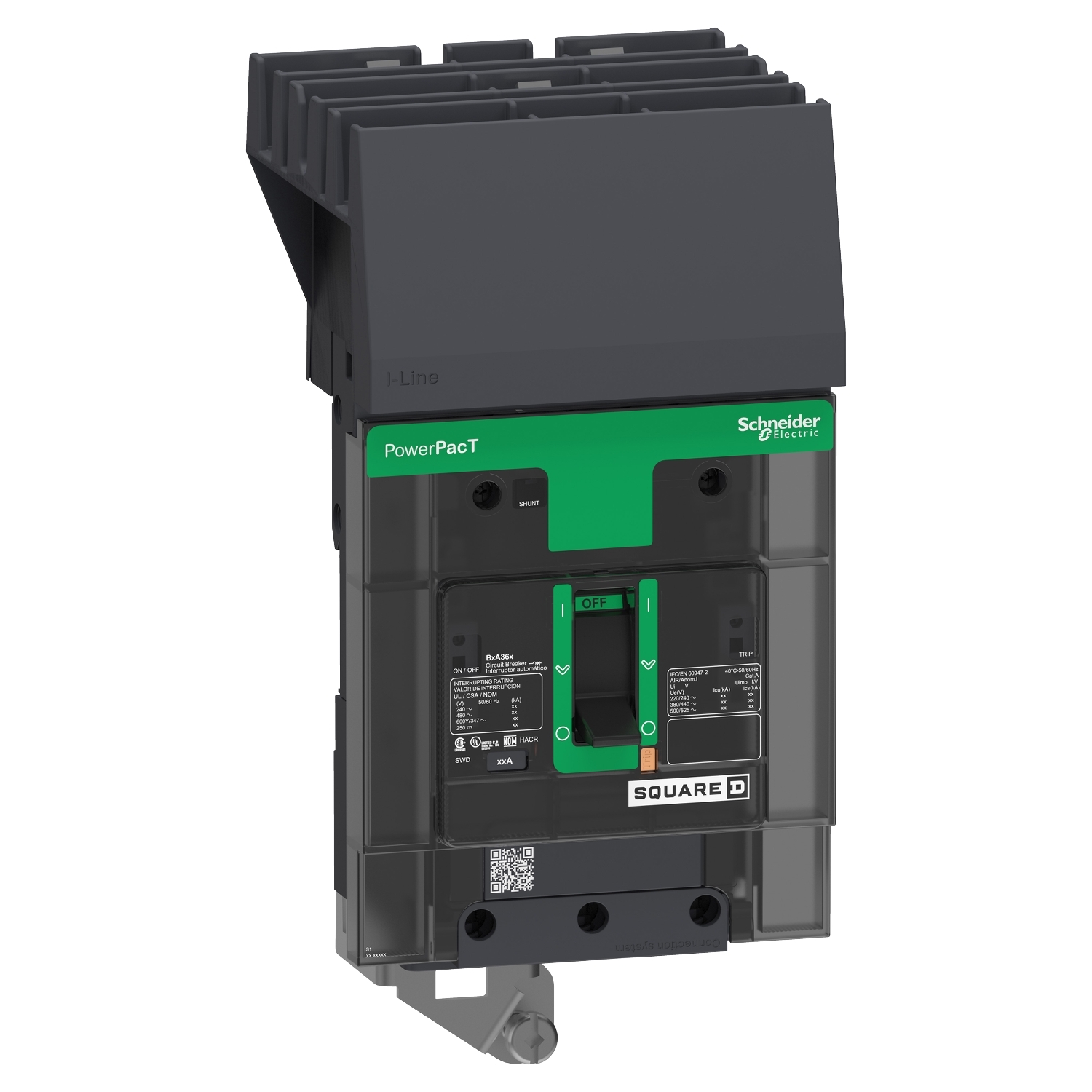 Circuit breaker, PowerPacT B, 45A, 3 pole, 600Y/347VAC, 18kA, I-Line, thermal magnetic, 80%, ABC