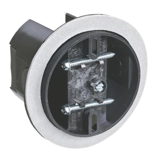 Saddle-Type Ceiling Fan/Fixture Box, Volume 16 Cubic Inches, Length 4 Inches, Width 4 Inches, Depth 3-5/16 Inches, Color Black, Material Polycarbonate, Mounting Means Center Screw