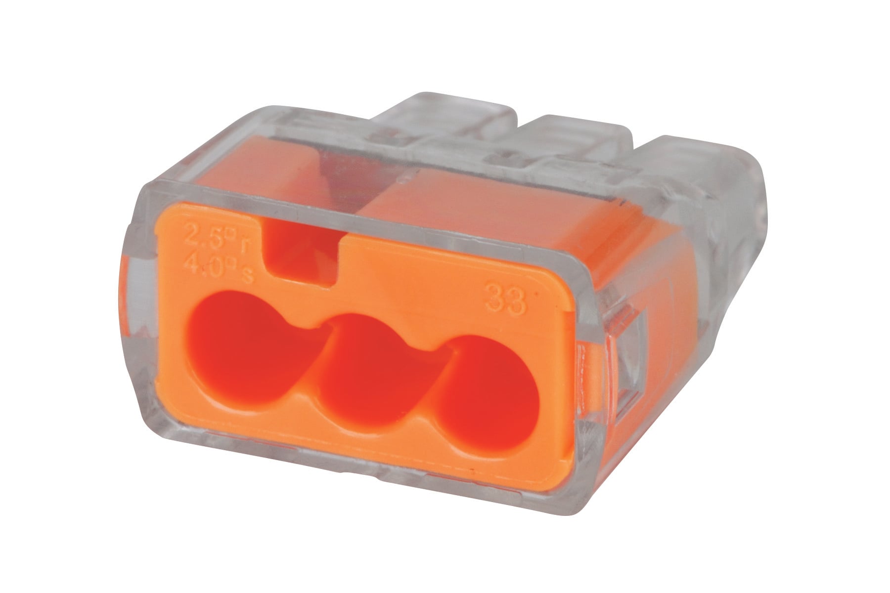 IDEAL, Wire Connector, In-Sure, Push-In, Size: 0.780 IN Length X 0.690 IN Width X 0.380 IN Height, Connection: 3 Ports, Wire Size: #12 AWG - #20 AWG Solid, #12 AWG - #16 AWG (19 Strand Or Less) #18 AWG (7 Strand) Stranded, #14 AWG - #18 AWG (19 Strand Or Less) Stranded (Tin Bonded), Color: Orange, Voltage Rating: 600 V Maximum Building Wire, 1000 V Maximum Signs And Lighting Fixtures, Temperature Rating: 105 DEG C Shell Rated, Wire Type: Solid, Stranded, Stranded (Tin Bonded), Model: 33