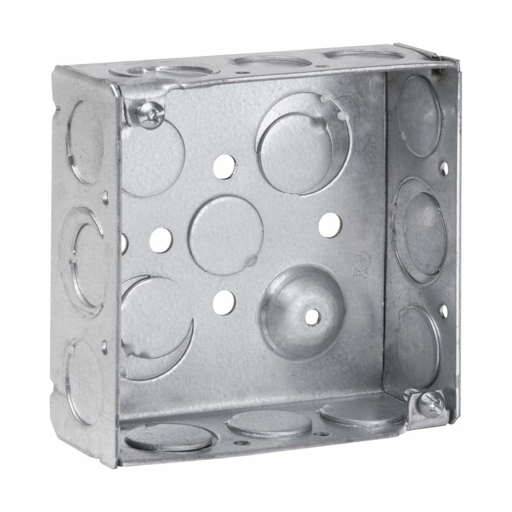 Eaton Crouse-Hinds series Square Outlet Box, (2) 1/2", (2) 1/2", (1) 3/4" E, 4", Conduit (no clamps), Welded, 1-1/2", Steel, (8) 1/2",(4) 1/2", (1) 3/4" E, Ground screw installed, 22.0 cubic inch capacity