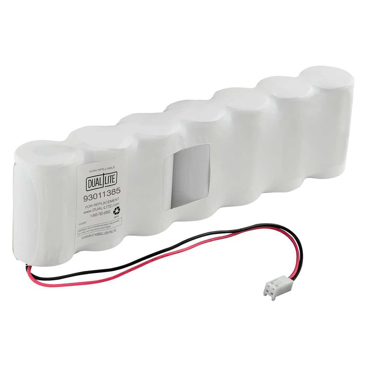 Dual-Lite approved, Battery Type: Nickel Cadmium, White, 7 C-Type Cells, 2500 mA, Output Voltage: 8.4 VDC, Operating Temperature: 0 to 45 ?C, Terminal Type: 0.1 inch pitch, 2-pole, crimp type terminal. Only batteries approved by Dual-Lite are authorized for use with Dual-Lite products.