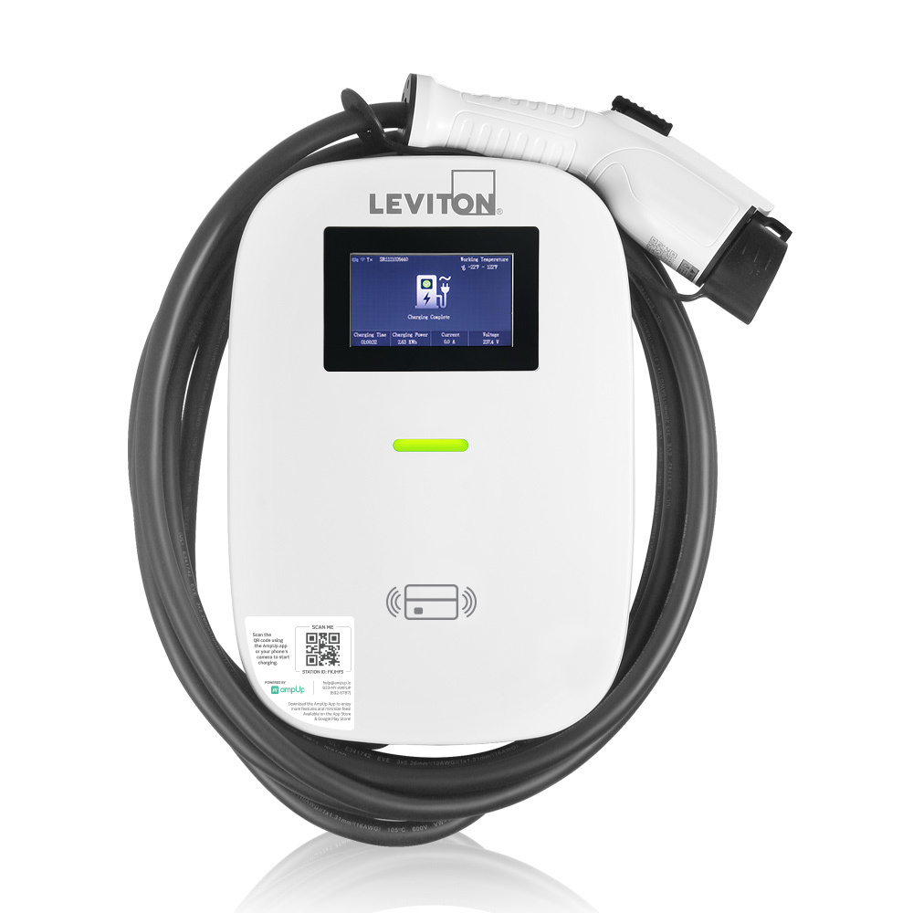 EV Series Pro Level 2 Electric Vehicle Charging Station, 80A, 208/240 VAC, 19.2kW Output, J1772 Charge Connector, 18' Cord, Includes Mounting Bracket and Pre-Attached Input Cable, HARDWIRED ONLY, Features AmpUp Charging Station Management Software and LCD Screen