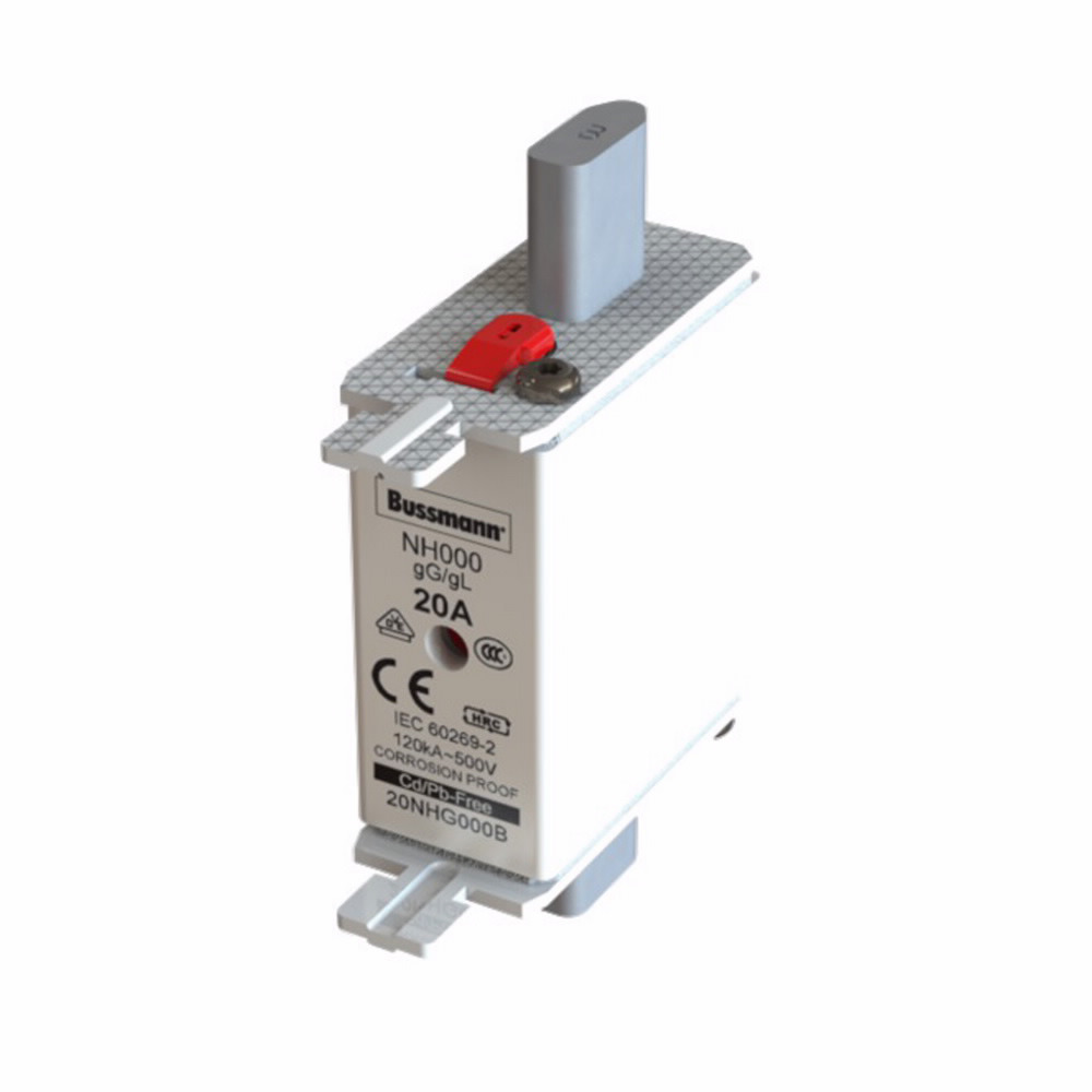 Eaton Bussmann series low voltage NH Fuse, Live gripping lug, 500V, 20A, 120 kAIC, Combination fuse status indicator, fuse, Blade end connection, Class C gL/gG, Square-body with knife blade contact, Ceramic body - 20NHG000B