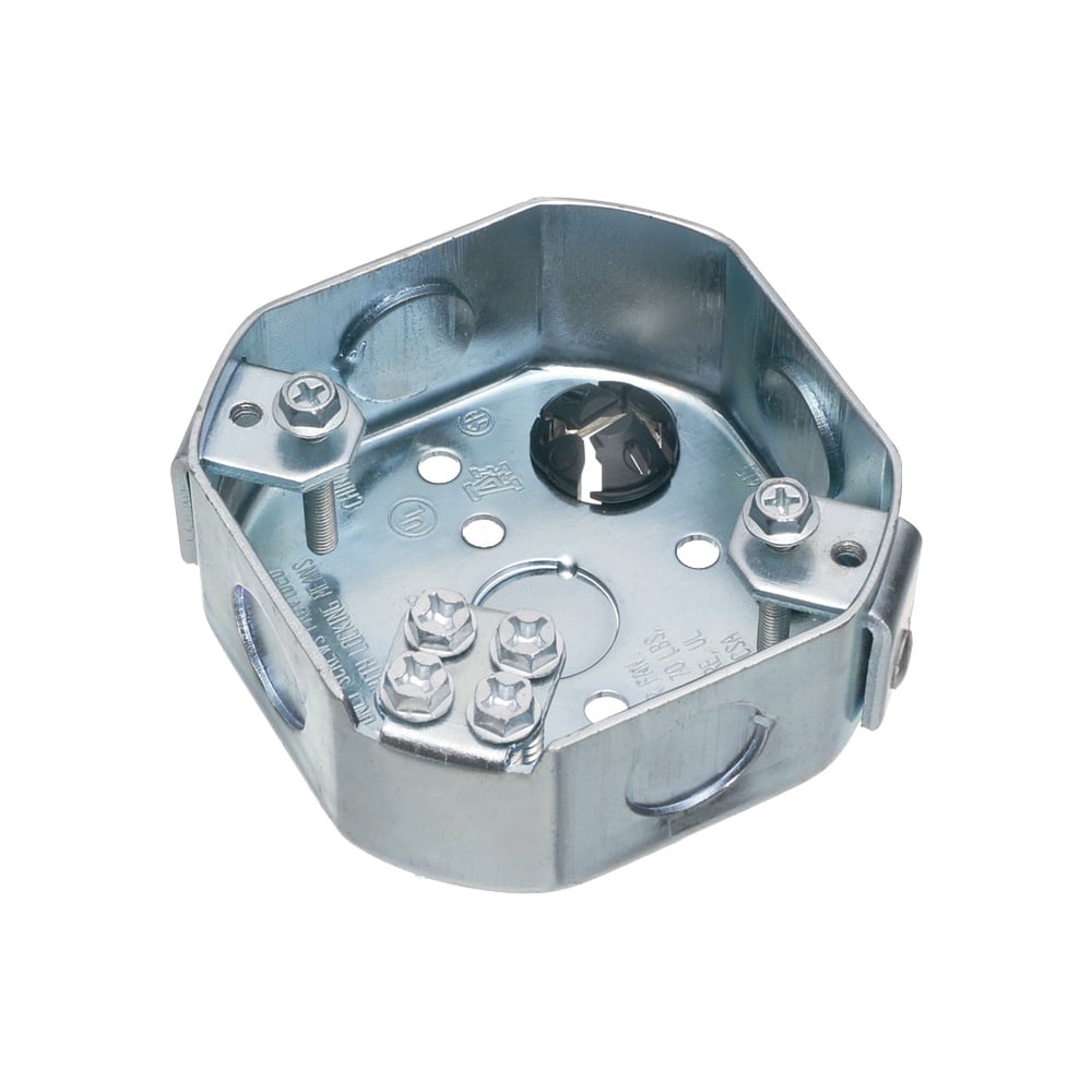 Steel octagonal fan and fixture mounting box. 70lb fan rated, 200lb fixture rated. 2" box depth. 20.0 cu. in.