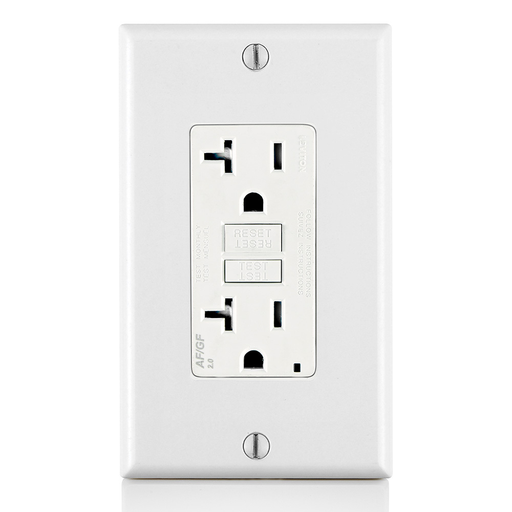 20 Amp, 125 Volt Dual Function AFCI/GFCI Receptacle, 20 Amp Feed-Through, Tamper-Resistant, Monochromatic, back and side wired, nylon wallplate/faceplate, screws and self-grounding clip included  White