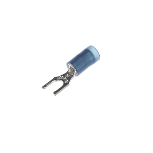 Nylon Insulated Locking Fork Terminal, Length .87 Inches, Width .29 Inches, Maximum Insulation .162, Bolt Hole #10, Wire Range #18-#14 AWG, Color Blue, Copper, Tin Plated