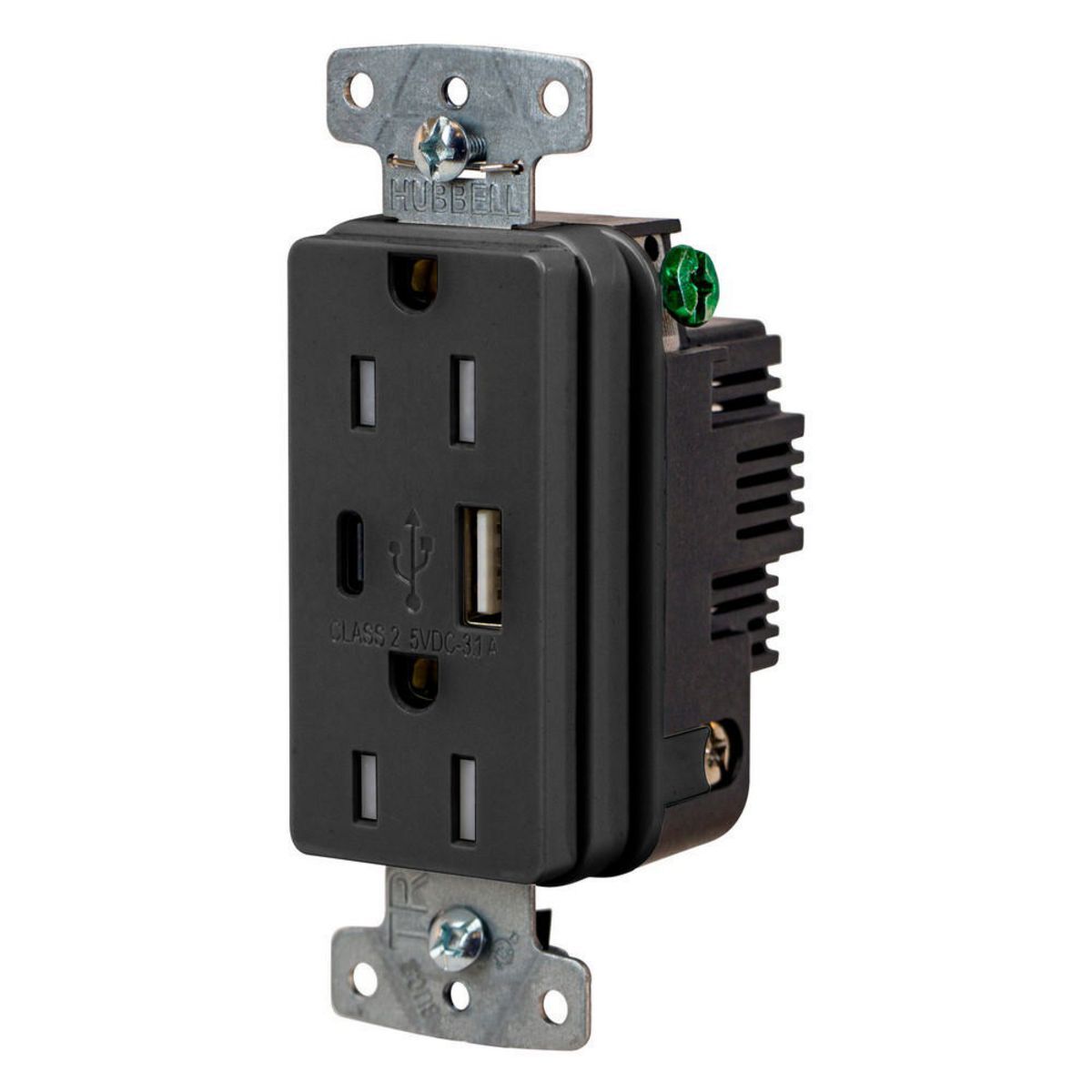 USB Charger Duplex Receptacle, 15A 125V,2-Pole 3-Wire Grounding, 5-15R, 1) 3.1 A "C" USB and "A" Ports, Black