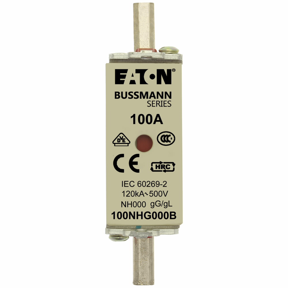 Eaton Bussmann series low voltage NH Fuse, Live gripping lug, 500V, 100A, 120 kAIC, Combination fuse status indicator, Blade end connection, Class C gL/gG, square-body with knife blade contact, Metal plated copper contact plat-100NHG000B