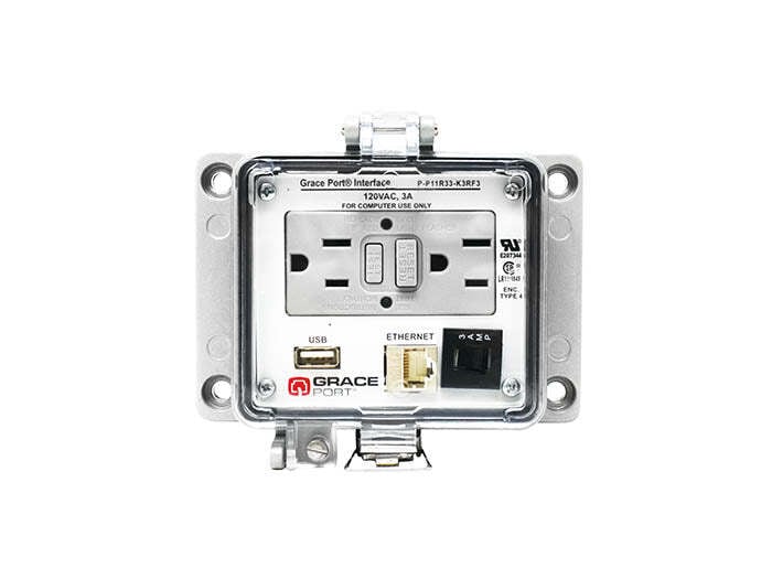 PANEL INTERFACE CONNECTOR WITH USB TYPE A/F TO USB TYPE A/M, CAT 5E SHIELDED ETHERNET RJ45, PMH, UL TYPE 4, DOMESTIC GFCI INSIDE-OUTSIDE REAR DUPLEX OUTLET, 3 AMP CIRCUIT BREAKER