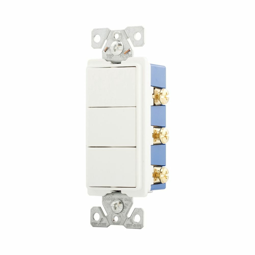 Eaton commercial grade combination switch, auto-grnd, Decorator, #14 - #12 AWG, 15A, resi, comm, 120/277V, bk and sd wiring, Rocker, Maint closure, Screw, Brass, wht, -20-60?C, (3) 1-pole, Triplex, thermoplas, polycrb, PVC
