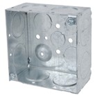 Square Box, 30.3 Cubic Inches, 4 Inch Square x 2-1/8 Inches Deep, 1 Inch Knockouts, Pre-Galvanized Steel, Welded Construction, For use with Conduit