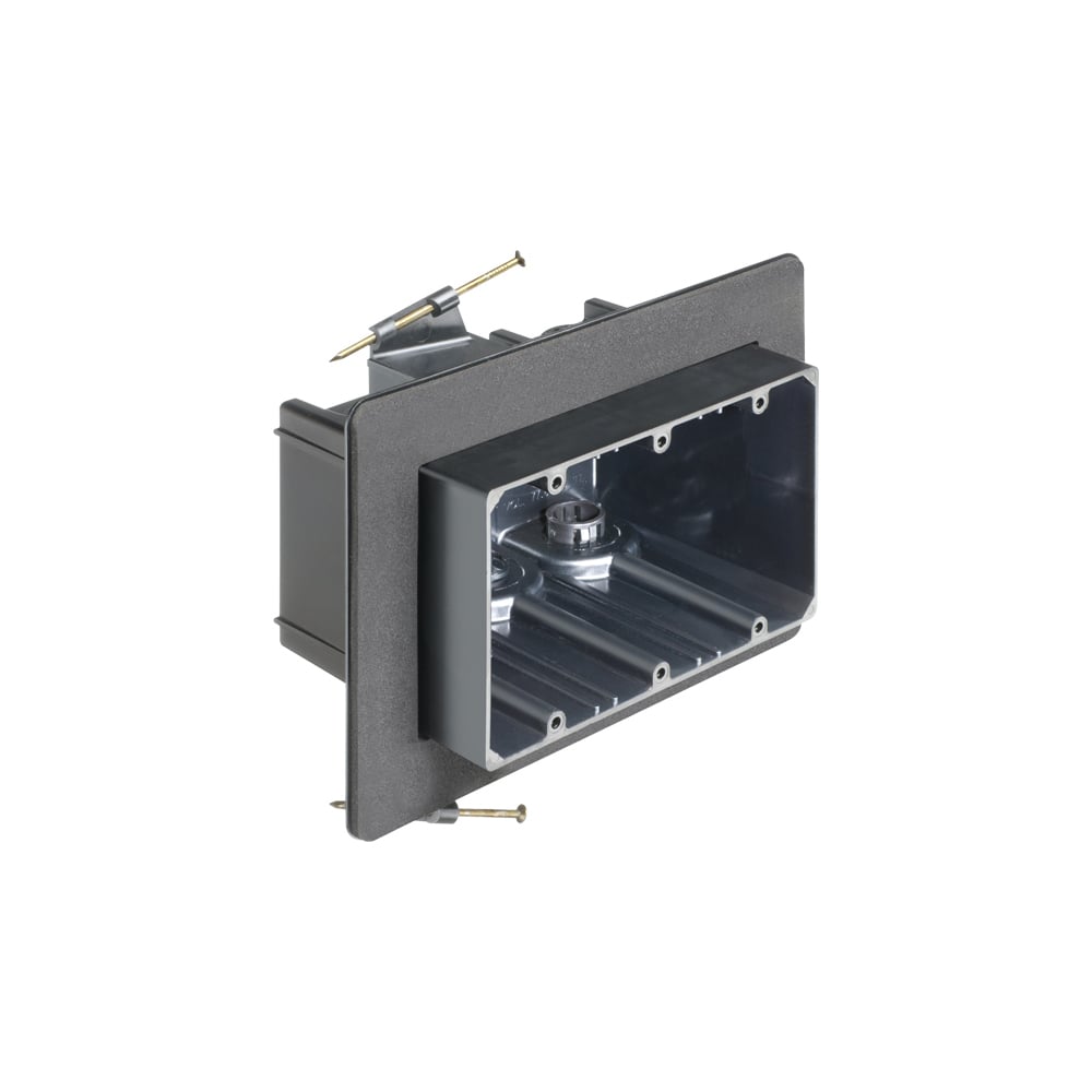 Versatile non conductive outlet box for new construction, three gang nail on for double drywall. 77.8 cu inches.