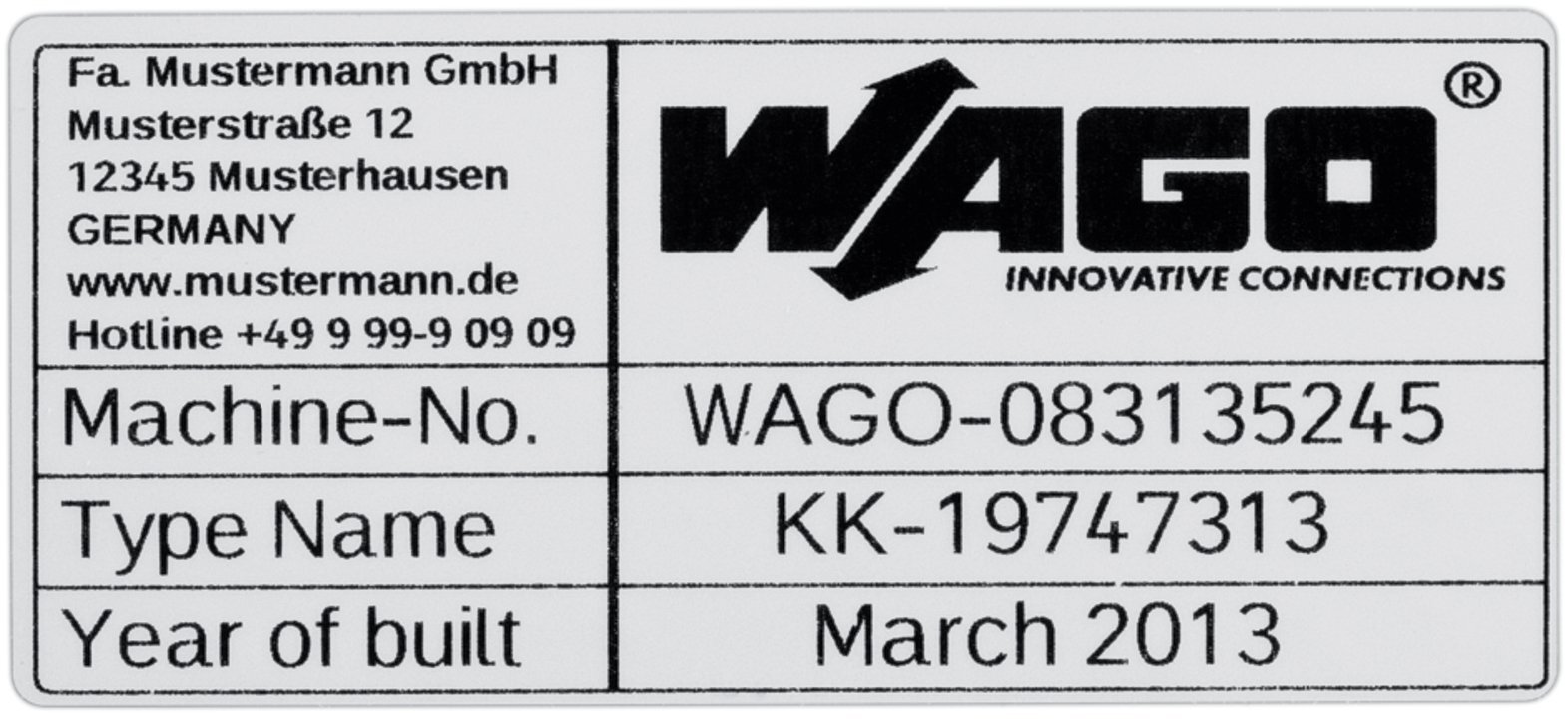 Type labels; 70 x 33 mm; silver-colored