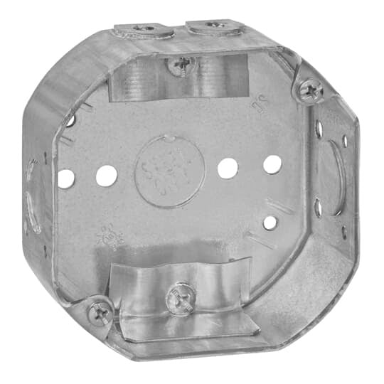 Octagon Box, 15.8 Cubic Inches, 4 Inch Diameter x 1-1/2 Inches Deep, 1/2 Inch Knockouts, Pre-Galvanized Steel, Drawn Construction, with Non-Metallic Cable Clamps (C-5), For use with Non-Metallic Sheathed Cable