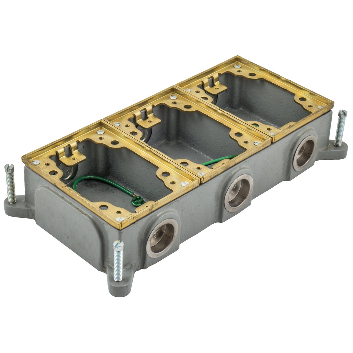 Flush Concrete Floor Box Series, 3-Gang, Rectangular, Cast Iron Box, Shallow, Semi Adjustable, Brass Top