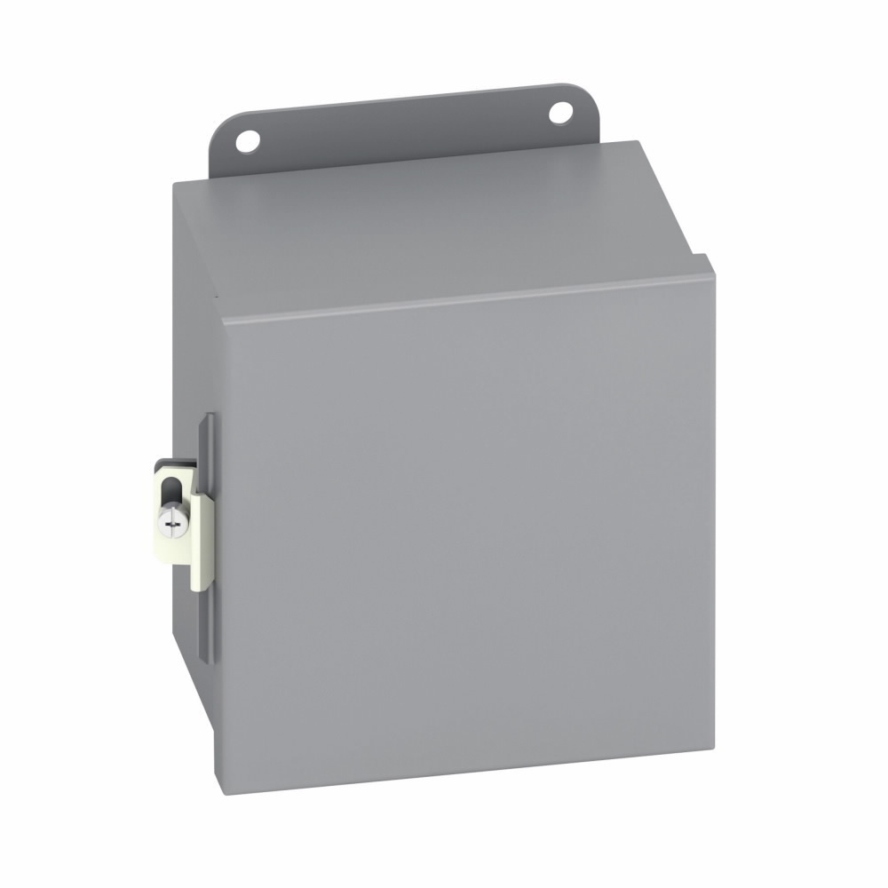 Eaton B-Line series JIC panel enclosure, 4" height, 4" length, 4" width, NEMA 12, Hinged cover, 12CHC enclosure, Wall mount, Small single door, External mounting feet, Carbon steel, Seamless poured in-place gasket