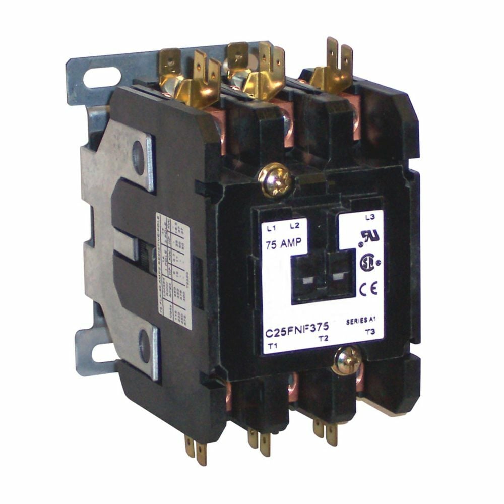 Eaton definite purpose contactor, Quick, 75A, 24 Vdc, Open with metal mounting plate, 15-50A, two- and three-pole, 75A, Contactor, Three-pole, 90A, Box lugs (posidrive setscrew) and quick connect terminals (side-by-side), Non-reversing