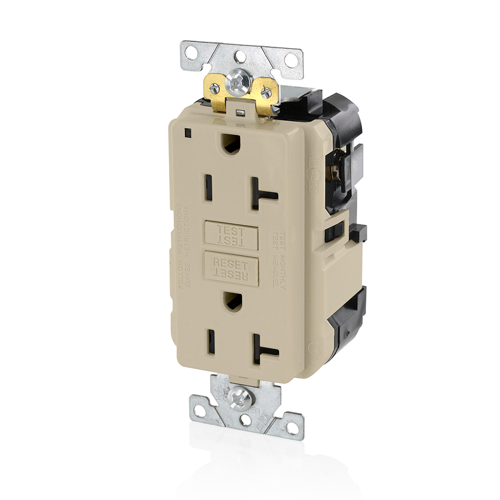 20 Amp, 125 Volt, SmartlockPro Slim Lev-Lok GFCI Self-Test Receptacle, Extra-Heavy Duty Industrial Grade, 20A Feed-Through,NEMA 5-20R, 2P, 3W, Modular Terminals  IVORY