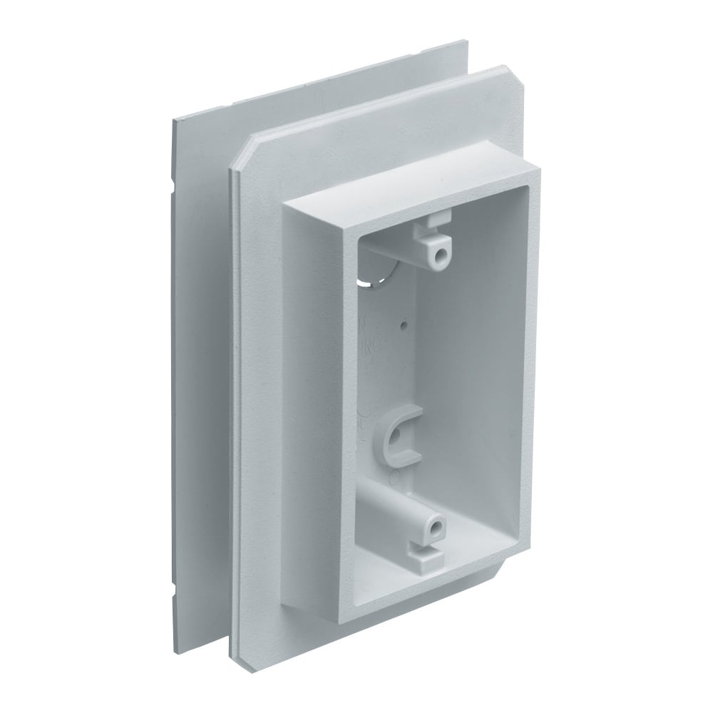 Weatherproof device outlet box for installing on all types of siding. Installs before or after siding is up vertically or horizontally. Paintable. 19.4 cu. in.
