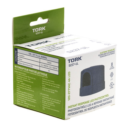 5237-UL Tork Electronic Instant Response Utility Grade Photocontrol, 105 to 305 V AC, 1000 W Tungsten, 1800 VA Ballast, Fixture Mount, Polycarbonate
