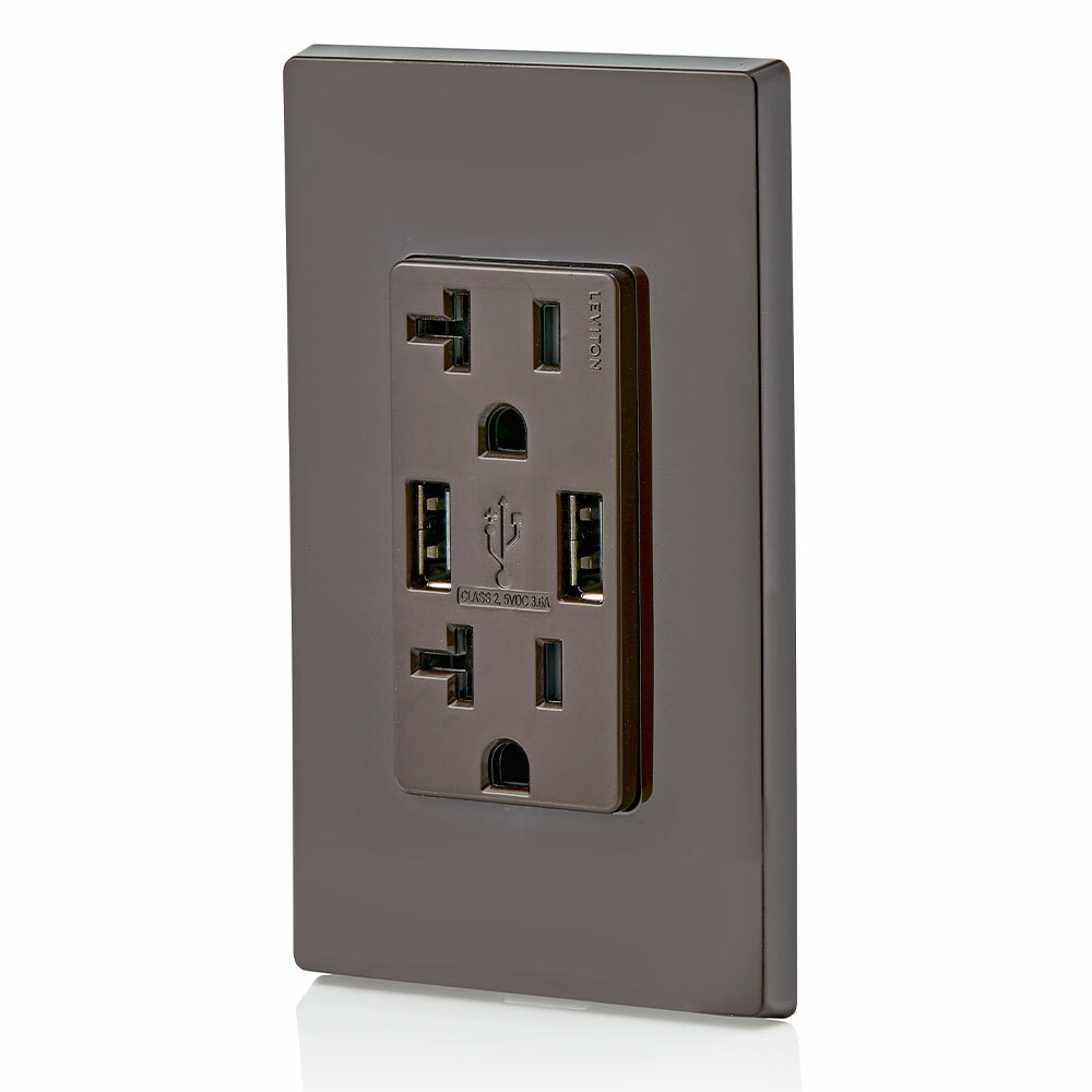 Combination Duplex Receptacle/Outlet and USB Charger. 20 Amp, 125 Volt, Decora Tamper-Resistant Receptacle/Outlet, NEMA 5-20R. 3.6 Amps, 5VDC, 2.0 Type A USB Chargers. Grounding, Side Wired & Back Wired - Brown