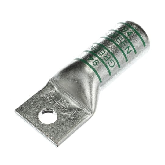 Copper One-Hole Lug, Long Barrel, Blind End, Max 35kV, Wire Size 600 kcmil, 1/2 Inch Bolt Size, Tin Plated, Die Code 94, Die Color Code Green