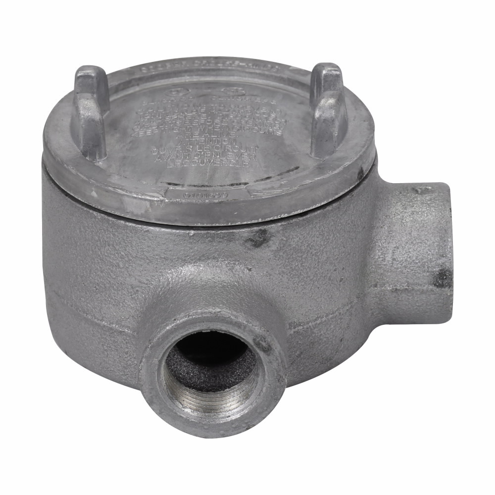Eaton Crouse-Hinds series Condulet GUA conduit outlet box with cover, 3" cover opening diameter, Feraloy iron alloy, L shape, 3/4"