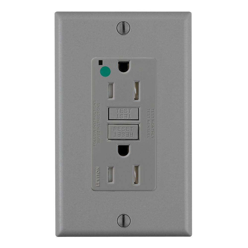 15 Amp, 125 Volt, SmartlockPro Slim Self-Test GFCI Receptacle, Extra-Heavy Duty Hospital Grade, Tamper-Resistant, NEMA 5-15R, 20A Feed-Through, 2P, 3W, Matching Wallplate Included - GRAY