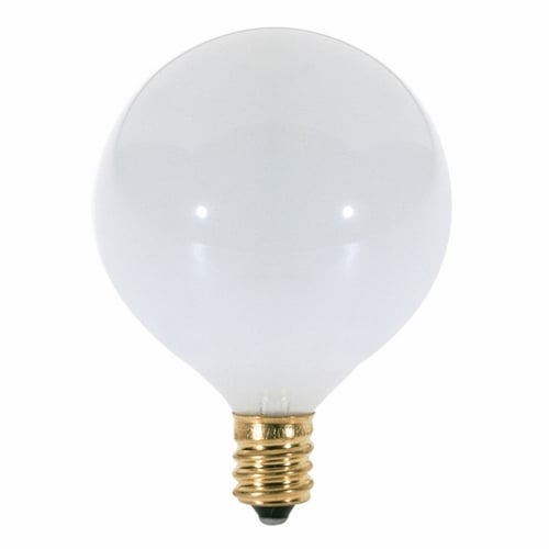 Incandescent Globe Lamp, Designation: 25G16 1/2/W, 120 V, 25 WTT, G16 1/2 Shape, E12 Candelabra Base, Gloss White, C-7A Filament, 1500 HR, Lumens: 175 LM Initial, 3 IN Length, 2-1/16 IN Diameter