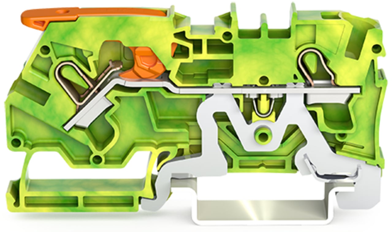 2-conductor ground terminal block; with lever and Push-in CAGE CLAMP; 4 mm; with test port; side and center marking; for DIN-rail 35 x 15 and 35 x 7.5; Push-in CAGE CLAMP; 4,00 mm; green-yellow