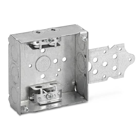 Square Box, 21 Cubic Inches, 4 Inch Square x 1-1/2 Inch Deep, 1/2 Inch Knockouts, Pre-Galvanized Steel, with Armored Cable Clamp (C-3) and B Bracket, For use with Armored/Metal Clad Cable