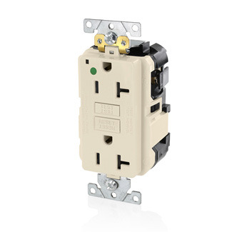 20 Amp, 125 Volt, SmartlockPro Slim Lev-Lok  Self-Test GFCI Receptacle, Extra-Heavy Duty Hospital Grade, 20A Feed-Through,NEMA 5-20R, 2P, 3W, Modular Terminals  LIGHT ALMOND