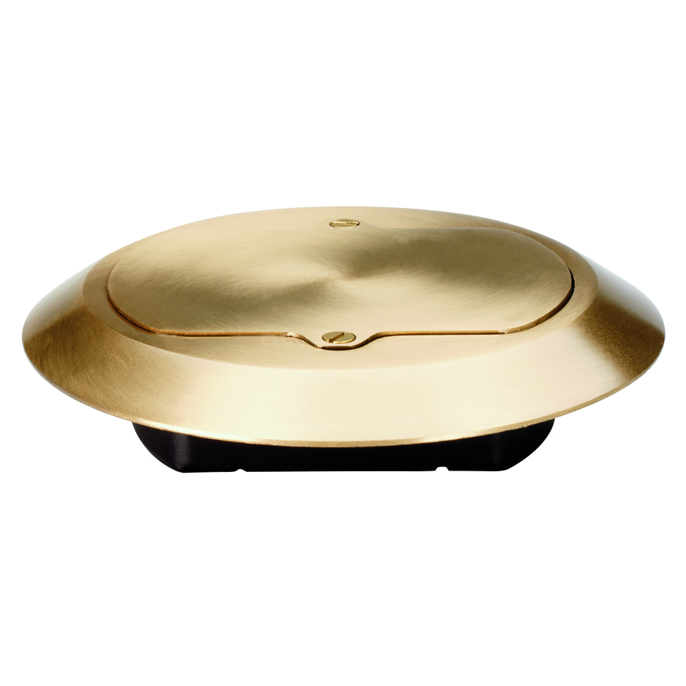 High-profile Brass Cover, fits any floor finish - including carpeting, linoleum, tile floors, includes 885 15 amp, 125 volt Decorator Duplex receptacle and will accept any decorator device. Cover includes captive screws to prevent loss.