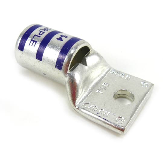 Copper One-Hole Lug, Standard Barrel, Peep Hole, Max 35kV, Wire Size 4/0 AWG, 1/4 Inch Bolt Size, Tin Plated, Die Code 54, Die Color Code Purple