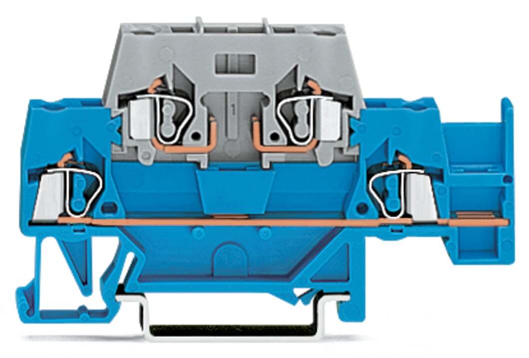 Double-deck terminal block; with additional jumper position on lower level; for DIN-rail 35 x 15 and 35 x 7.5; 2.5 mm; CAGE CLAMP; 2,50 mm; blue/gray