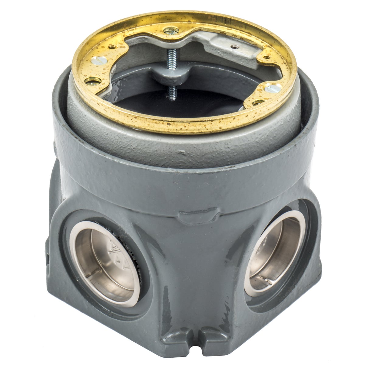 Flush Concrete Floor Box Series, 1-Gang, Round, Cast Iron Box, Deep, Fully Adjustable, Single Service, Brass Top