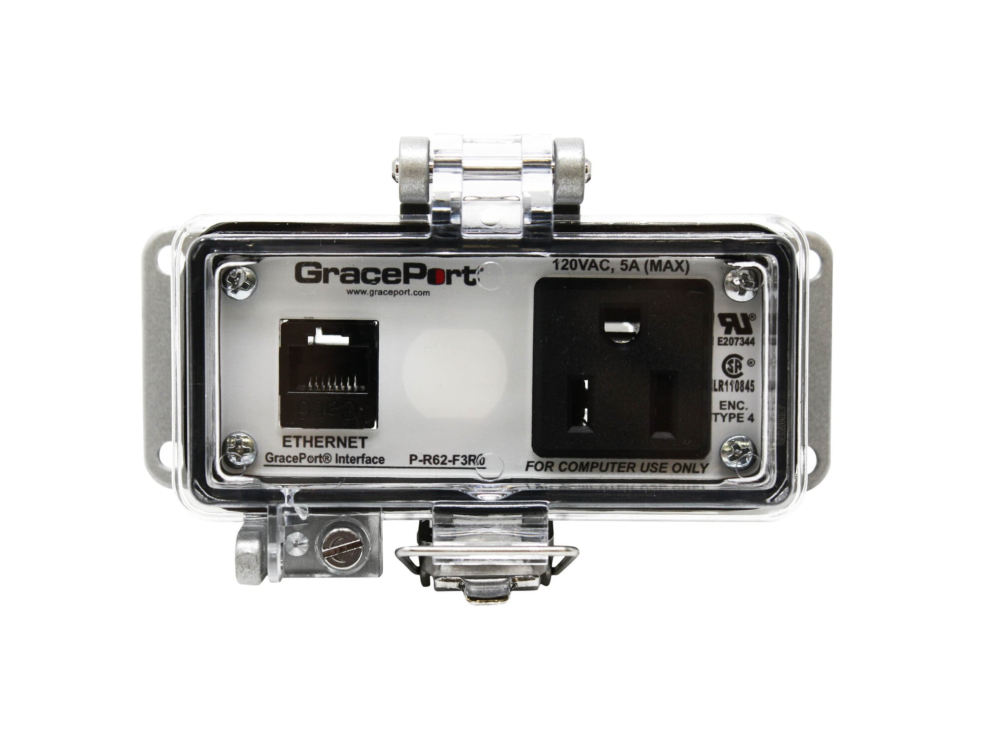 PANEL INTERFACE CONNECTOR WITH CATEGORY 6 ETHERNET BULKHEAD, PANEL MOUNT HOUSING, UL TYPE 4, GFCI DUPLEX INSIDE-OUTLET, 3 AMP CIRCUIT BREAKER