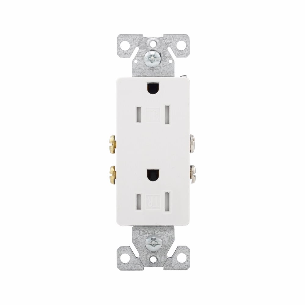Eaton residential grade decorator duplex receptacle, #14-10 AWG, 15A, Commercial, Residential, Flush, 125V, Side and push, White, Brass, Impact-resistant thermoplastic face, PVC body, 5-15R, Duplex, Screw, Thermoplastic, ED Box