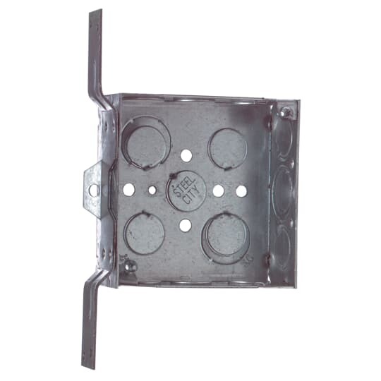 Square Box, 21 Cubic Inches, 4 Inch Square x 1-1/2 Inch Deep, 1/2 Inch and 3/4 Inch Eccentric Knockouts, Pre-Galvanized Steel, with CV Bracket and 10-1/2 Inch #12 AWG Solid Ground Wire Pigtail, For use with Conduit