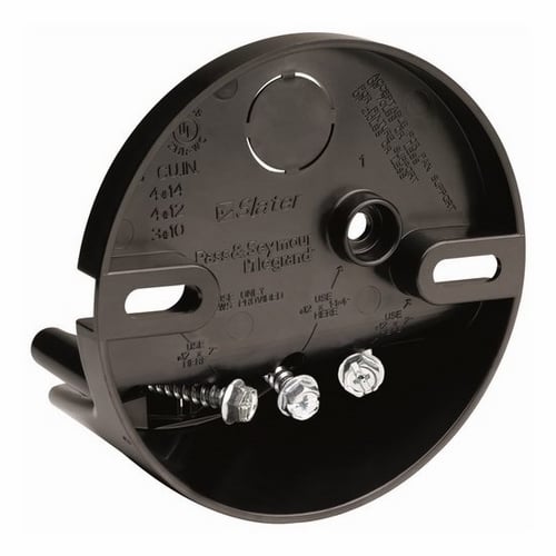 Ceiling Fan Box with Direct Mount. Suitable for Single or Double Joist.Easy installation. One #10 x 1 1/4 inch screw holds the box at rough in. Two factory-supplied #10 x 2 inch screws secure the fan or fixture through the box, directly to the joist. UL Listed for fan and fixture support.