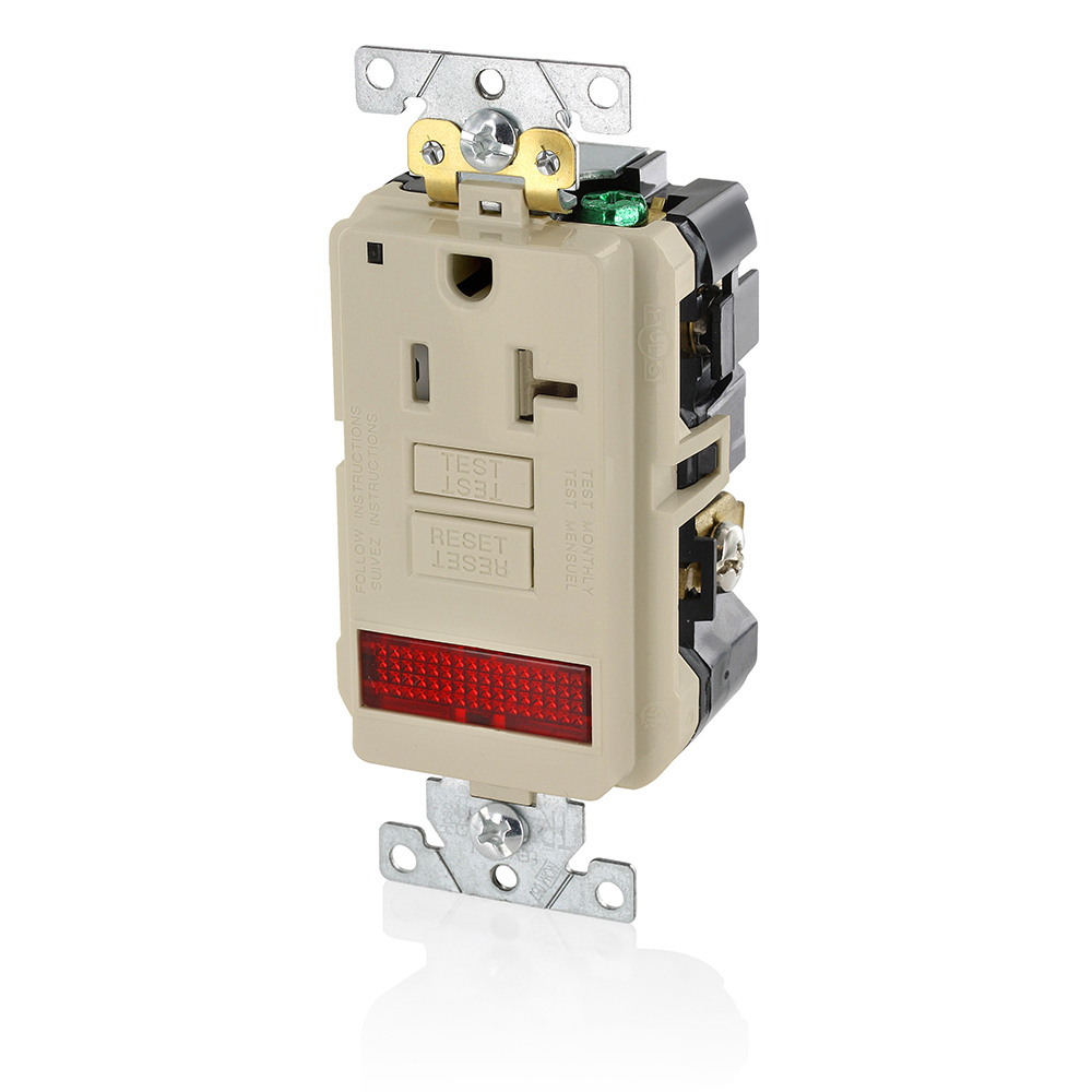 20 Amp, 125 Volt, SmartlockPro Single Self-Test GFCI Receptacle with LED Pilot Light, NEMA 5-20R, 2P, 3W, Extra-Heavy Duty Industrial Grade, Tamper-Resistant, 20A Feed-Through, Back or Side Wired - LIGHT ALMOND
