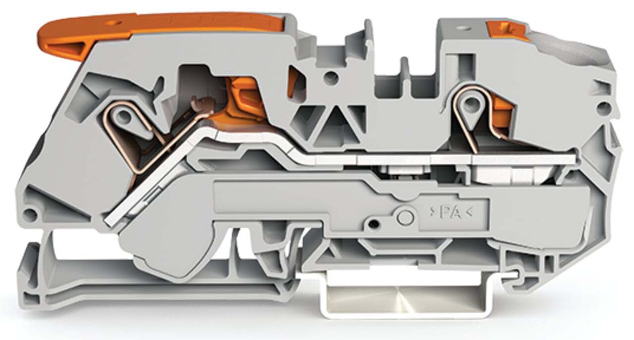 2-conductor through terminal block; with lever and push-button; 16 mm; with test port; side and center marking; for DIN-rail 35 x 15 and 35 x 7.5; Push-in CAGE CLAMP; 16,00 mm; gray