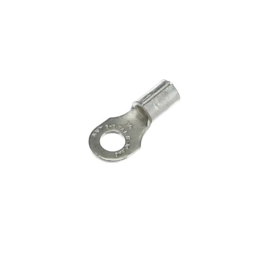 Non-Insulated Ring Terminal, Length .85 Inches, Width .38 Inches, Bolt Hole #10, Wire Range #12-#10 AWG, Copper, Tin Plated