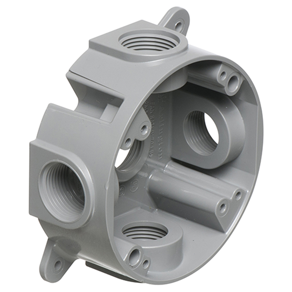 Gray non metallic box with 21.8 cu. in. Comes with (4) 3/4" NPT plugs. (2) 1/2" to 3/4" reducing bushings and (2) #12x3 " screws.