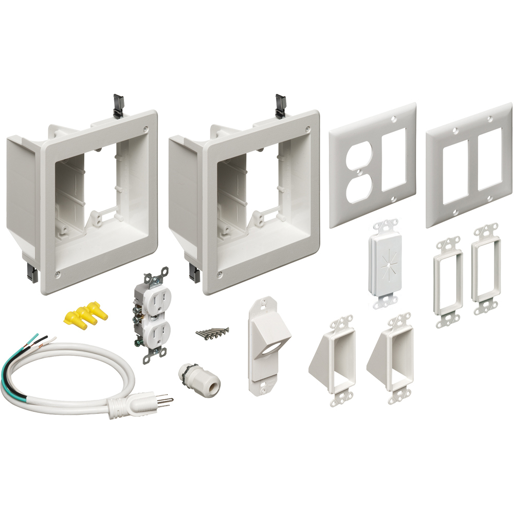 TV BRIDGE KIT. Kit includes (2) recessed power and low voltage power boxes and all the connections you need to bridge power from one stud bay to the next.